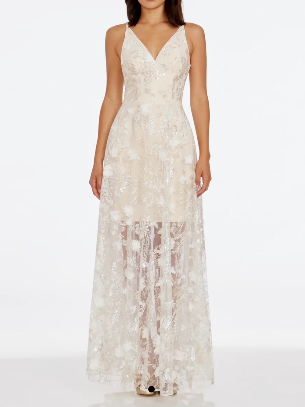 NWT Dress The Population Sidney Beaded Sequin 3D Floral Gown in White Multi Sz M